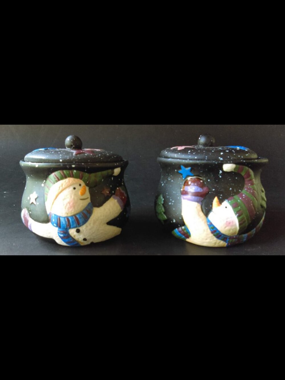 Vintage 'Peace & Joy' Snowmen Ceramic Candle Jars Set of 2 by Susan Winget